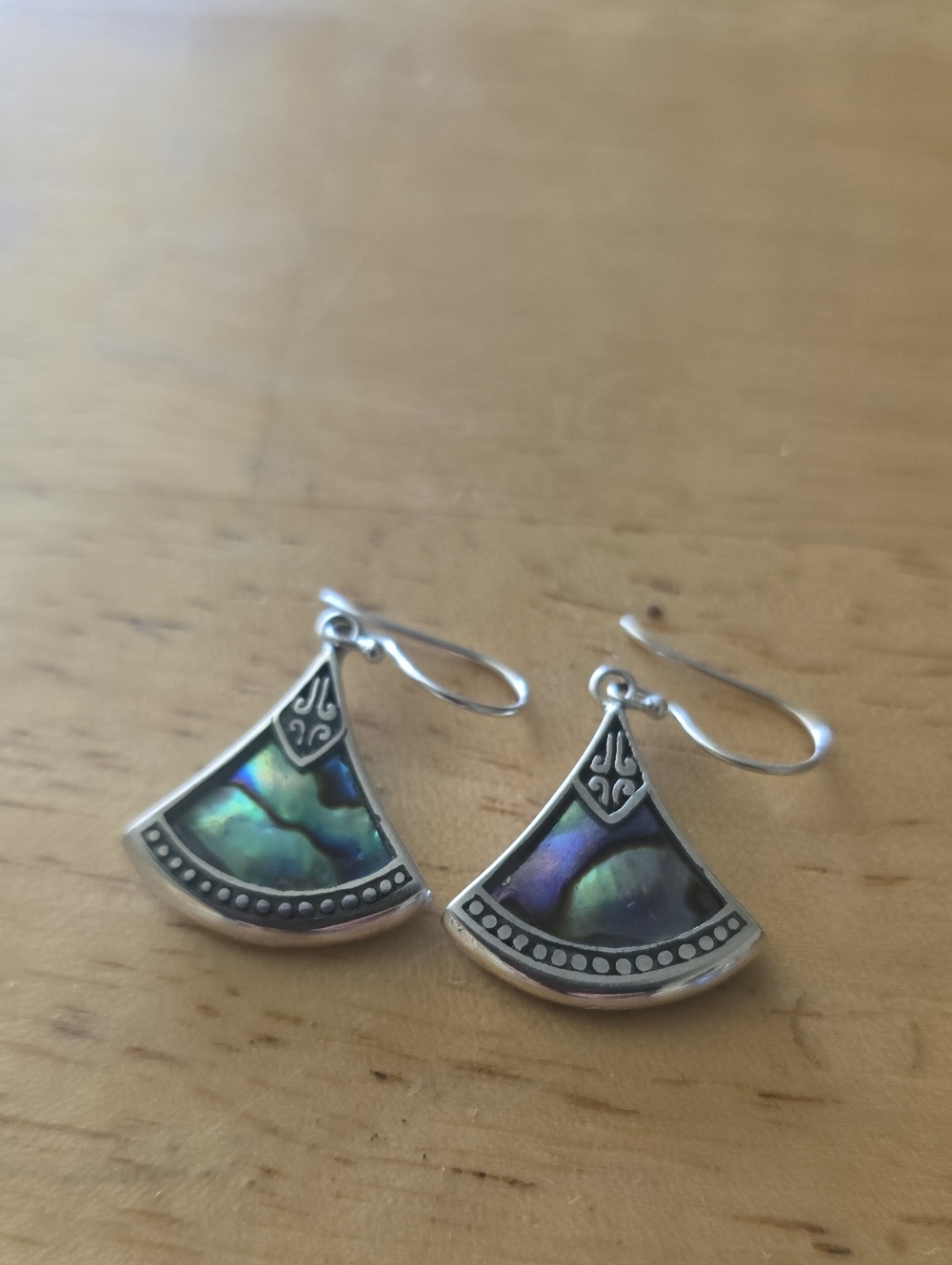 Abalone Shell Fan Drop Earrings - Silver Tone